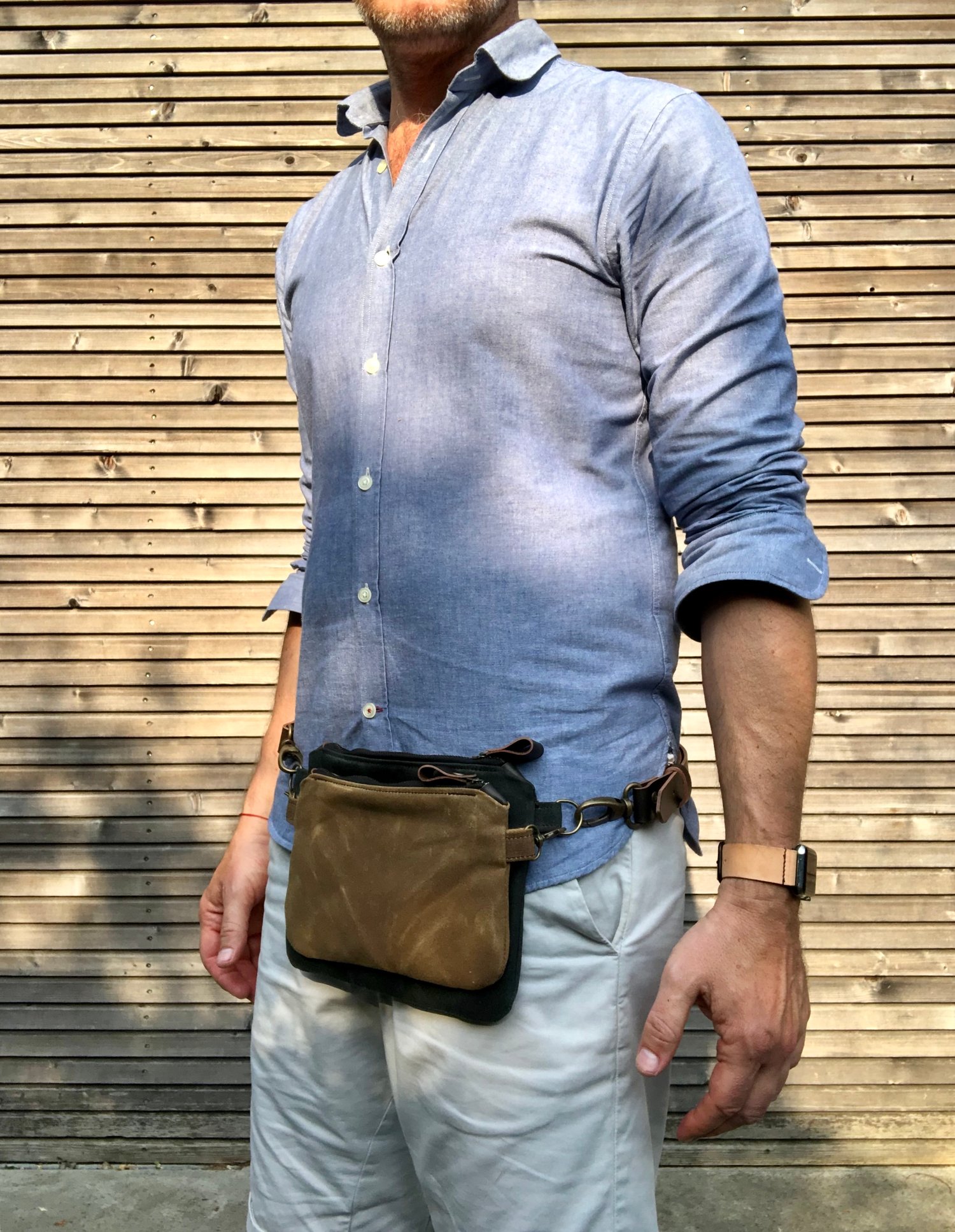 Image of Waxed canvas fanny pack / belt bag / small messenger bag/ kangaroo bag with leather shoulder strap