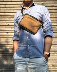 Image 3 of Waxed canvas fanny pack / belt bag / small messenger bag/ kangaroo bag with leather shoulder strap