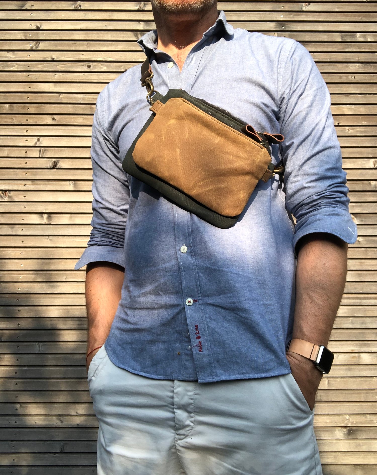 Image of Waxed canvas fanny pack / belt bag / small messenger bag/ kangaroo bag with leather shoulder strap