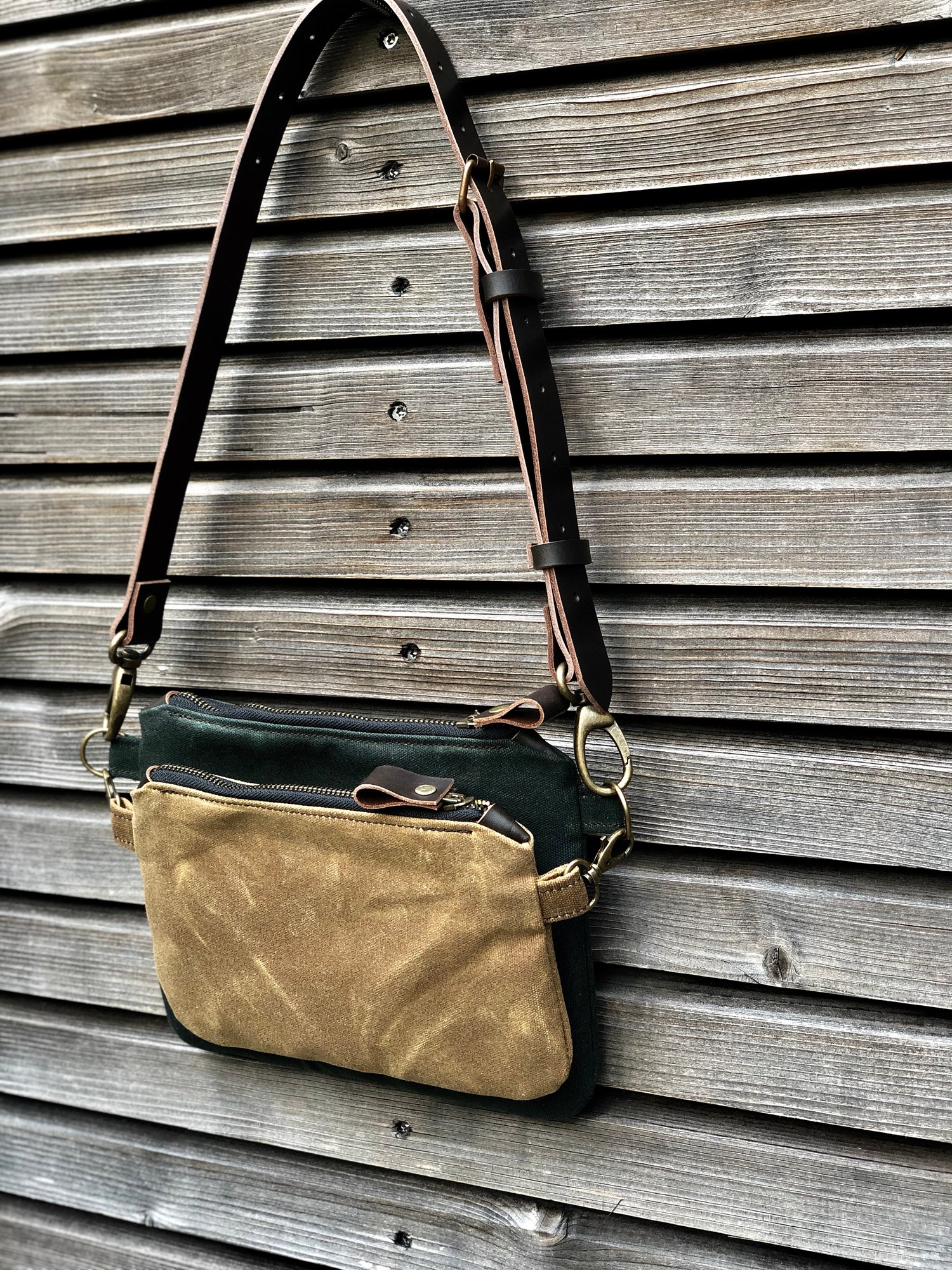 Image of Waxed canvas fanny pack / belt bag / small messenger bag/ kangaroo bag with leather shoulder strap