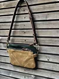Image 5 of Waxed canvas fanny pack / belt bag / small messenger bag/ kangaroo bag with leather shoulder strap