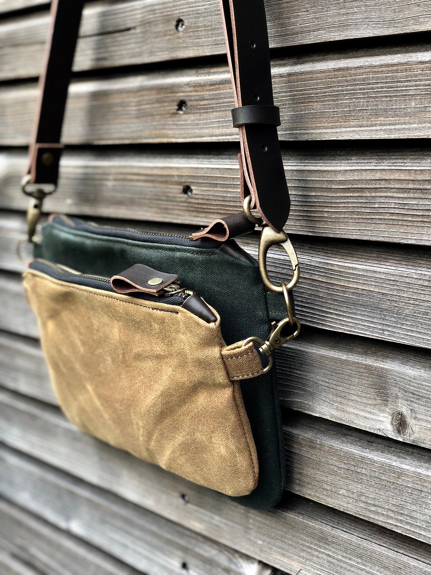 Image of Waxed canvas fanny pack / belt bag / small messenger bag/ kangaroo bag with leather shoulder strap