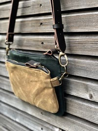 Image 4 of Waxed canvas fanny pack / belt bag / small messenger bag/ kangaroo bag with leather shoulder strap
