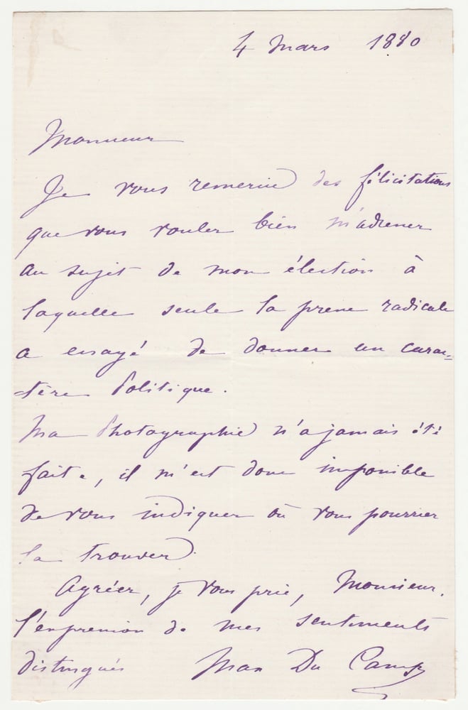 Image of Maxime du Camp: a letter in his hand about his portrait photograph, 1880. 
