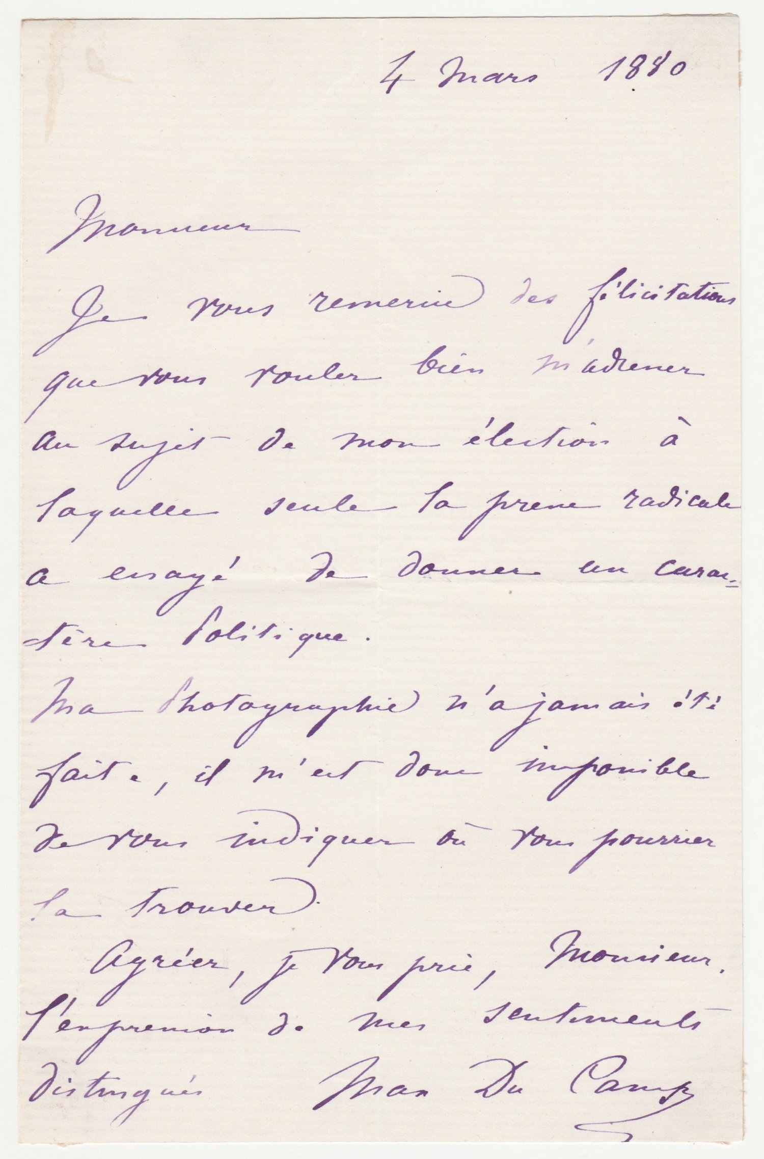 Image of Maxime du Camp: a letter in his hand about his portrait photograph, 1880.