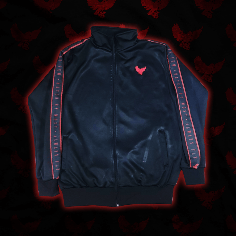 Image of Black/Red Zip-Up "Worn By Few" Track Jacket
