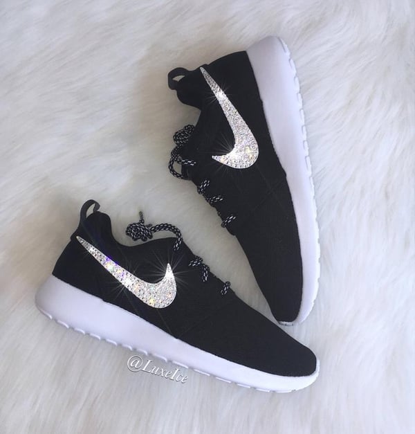 Image of Swarovski Nike Roshe One Women's Shoes Black/White/Metallic Platinum with Swarovski Crystals.