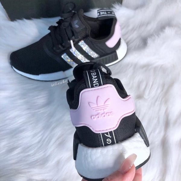 Image of Swarovski Adidas NMD R1 Core Black/White/Clear Pink with SWAROVSKI® Xirius Rose-Cut Crystals.