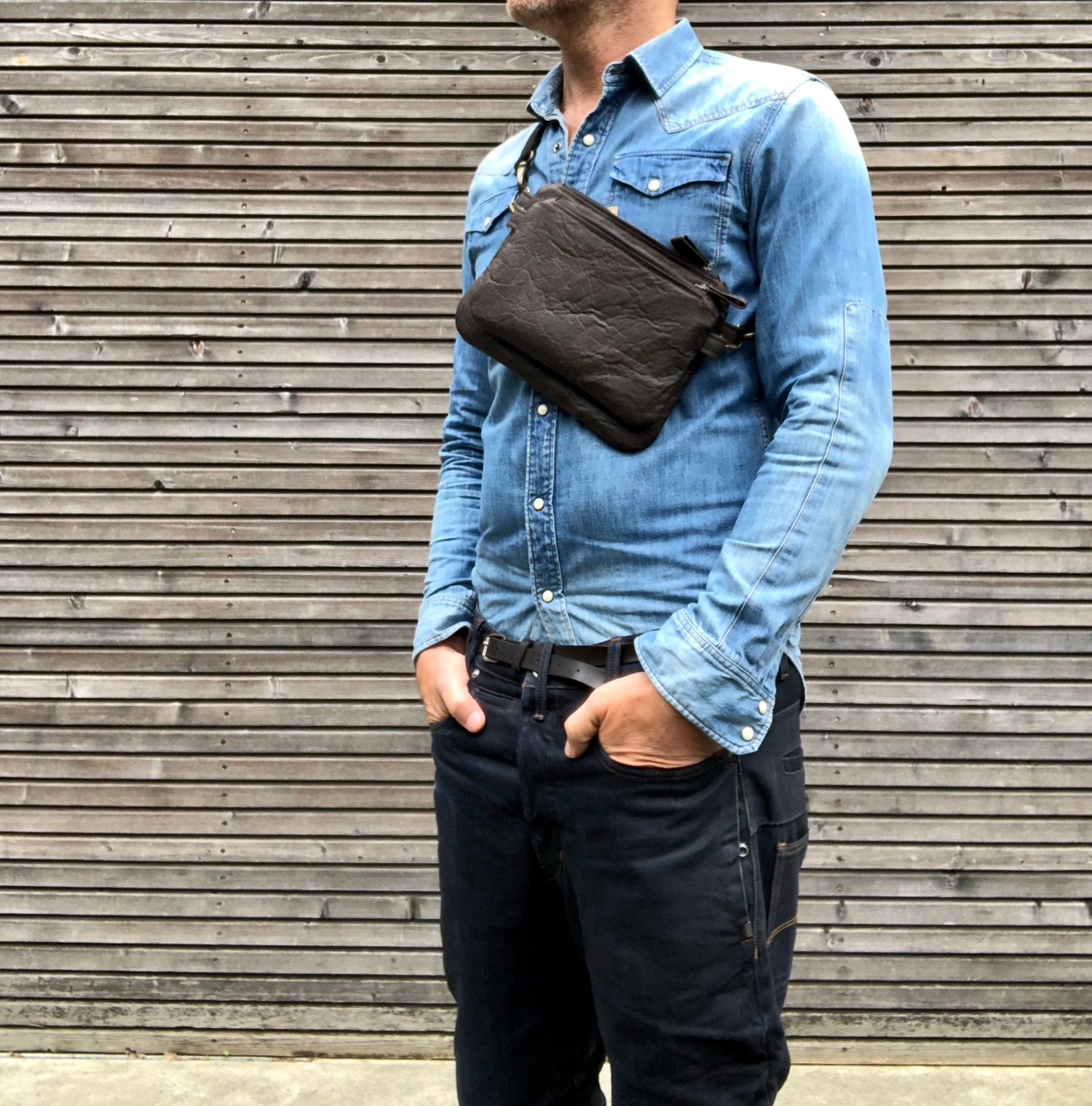 Pinatex fanny pack / vegan belt bag / small messenger bag/ kangaroo bag  with shoulder strap