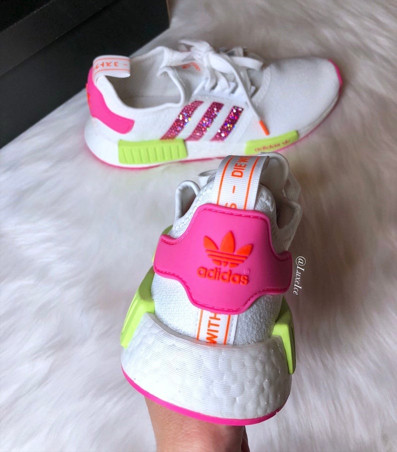 Swarovski Bling Adidas NMD R1 Neon customized with SWAROVSKI Xirius Rose-Cut Crystals. | Luxe Ice Swarovski Bling Adidas NMD R1 Neon customized with SWAROVSKI Xirius Rose-Cut Crystals. | Luxe Ice