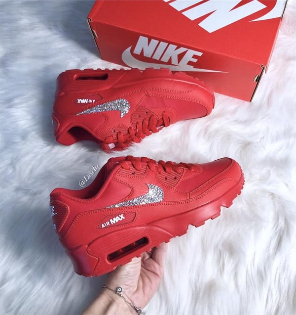 Image of Swarovski Nike Air Max 90 Casual Shoes Red customized with SWAROVSKI® Xirius Rose-Cut Crystals.