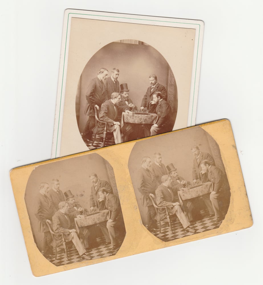 Image of Playing Chess: cabinet card and stereo print, ca. 1875