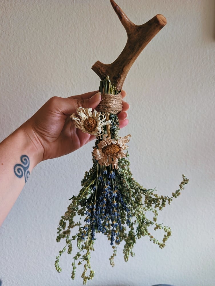 Image of Mugwort and Lavender Broom (wrapped on deer antler)