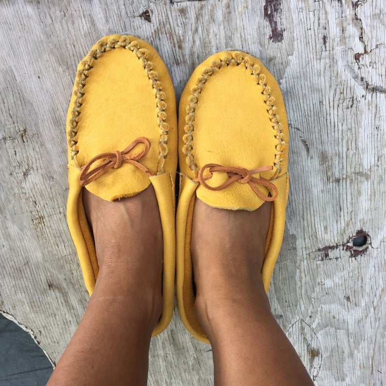 Pucker Toe Moccasins Gold Beyond Buckskin Boutique