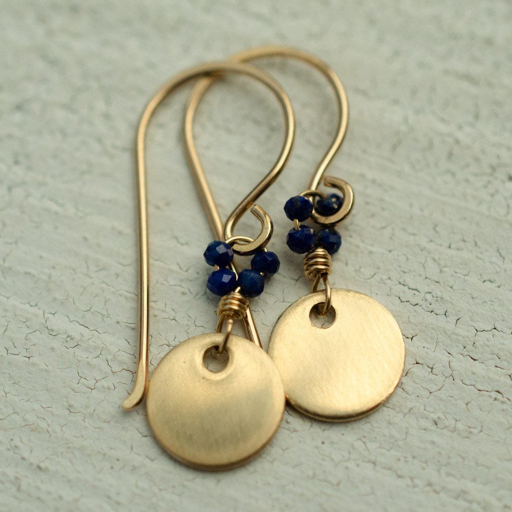 Image of Minimalist gold disc earrings lapis lazuli