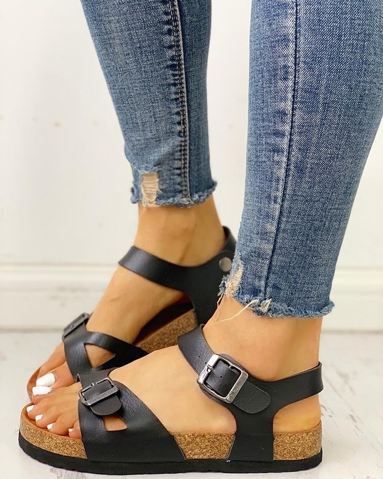 Image of Open Toe Buckled Flat Sandals