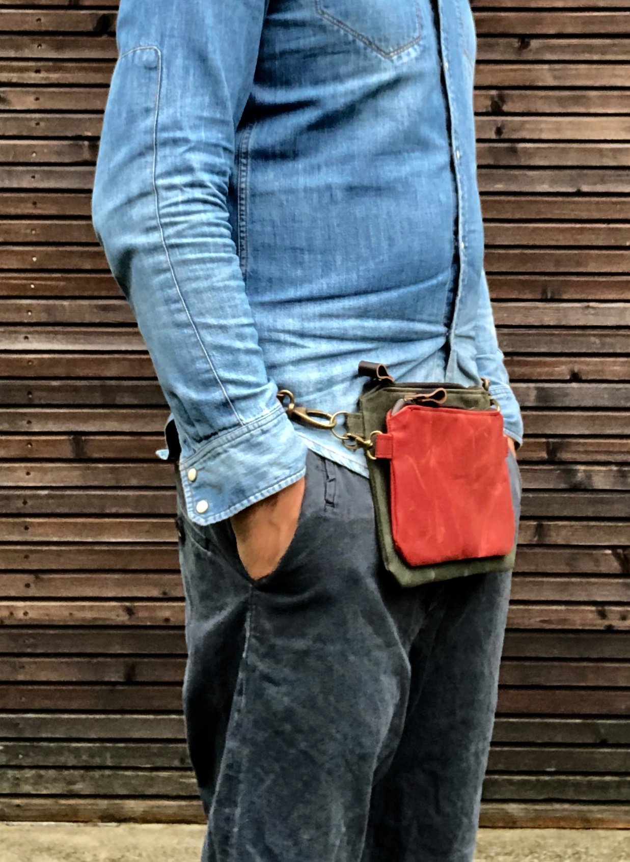 Image of Waxed canvas fanny pack / belt bag / chest bag /  kangaroo bag with leather shoulder strap