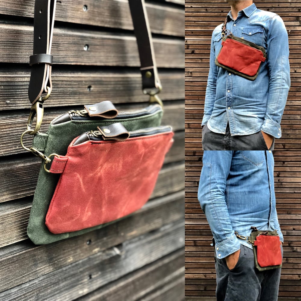 Image of Waxed canvas fanny pack / belt bag / chest bag /  kangaroo bag with leather shoulder strap