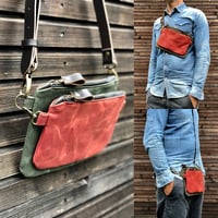 Image 1 of Waxed canvas fanny pack / belt bag / chest bag /  kangaroo bag with leather shoulder strap