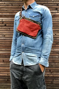 Image 3 of Waxed canvas fanny pack / belt bag / chest bag /  kangaroo bag with leather shoulder strap