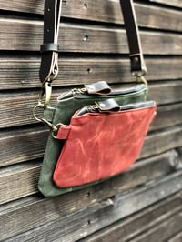 Image 4 of Waxed canvas fanny pack / belt bag / chest bag /  kangaroo bag with leather shoulder strap