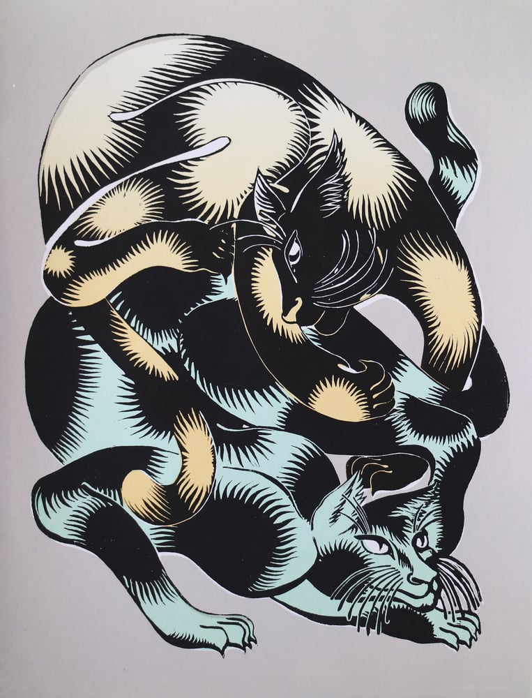 Image of Zig Zag Cats! –– Four coloured Screen Print or black and white linocut print