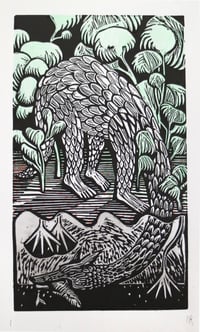 Image 1 of Head in the Sand –– Lino cut print in Monochrome/ green tinted /on pink 