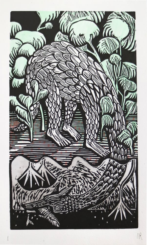 Image of Head in the Sand –– Lino cut print in Monochrome/ green tinted /on pink 