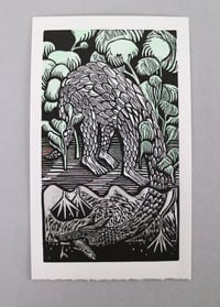 Image 5 of Head in the Sand –– Lino cut print in Monochrome/ green tinted /on pink 