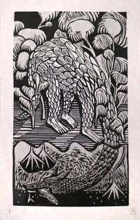 Image 2 of Head in the Sand –– Lino cut print in Monochrome/ green tinted /on pink 