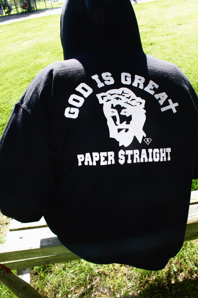 Image of GOD IS GREAT PAPER STRAIGHT ZIPPERED BLACK & WHITE LOGO HOODIE