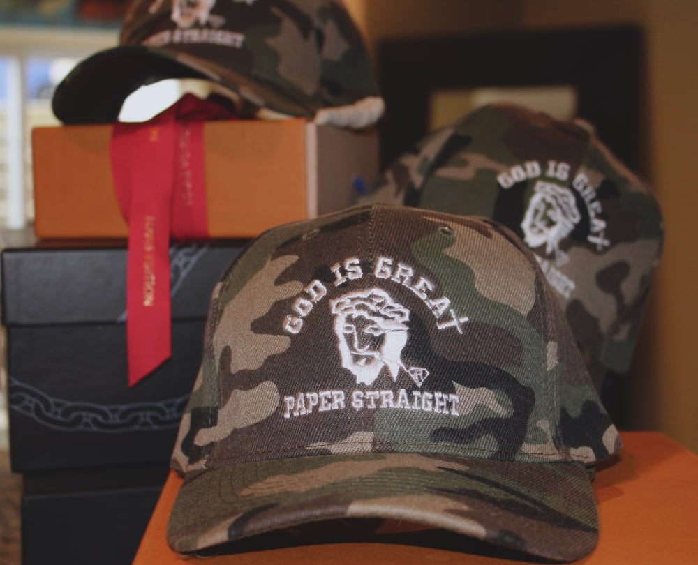 Image of GOD IS GREAT PAPER STRAIGHT RAIDER CAP