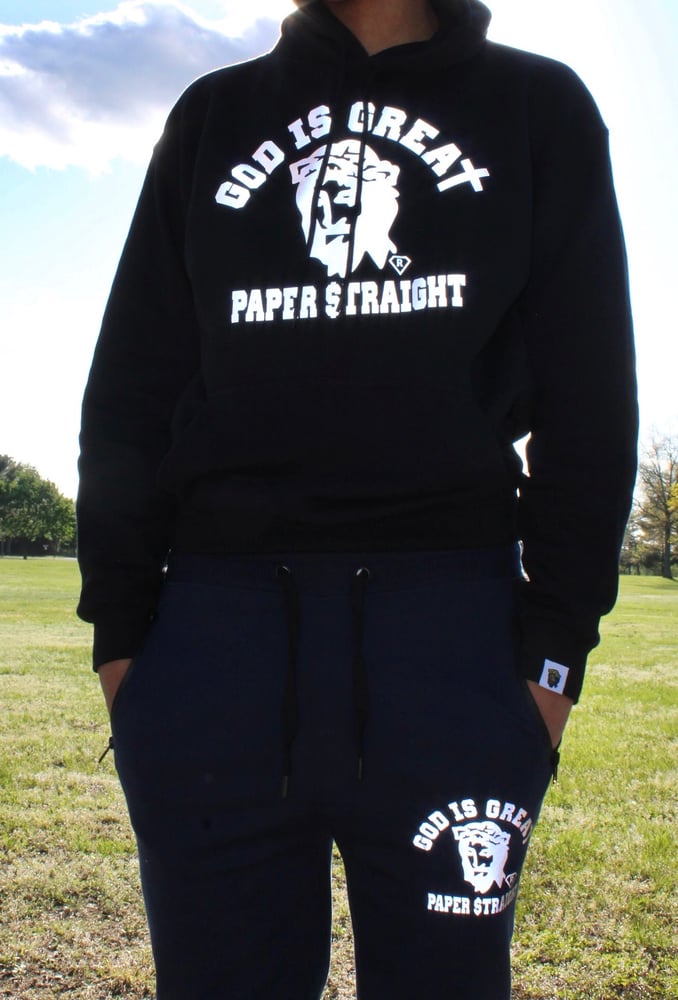 Image of GOD IS GREAT PAPER STRAIGHT BLACK REFLECTOR HOODIE & CREW NECK