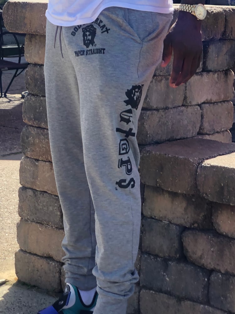 Image of GOD IS GREAT PAPER STRAIGHT GREY w/ BLACK LETTERMAN LOGO JOGGER PANTS