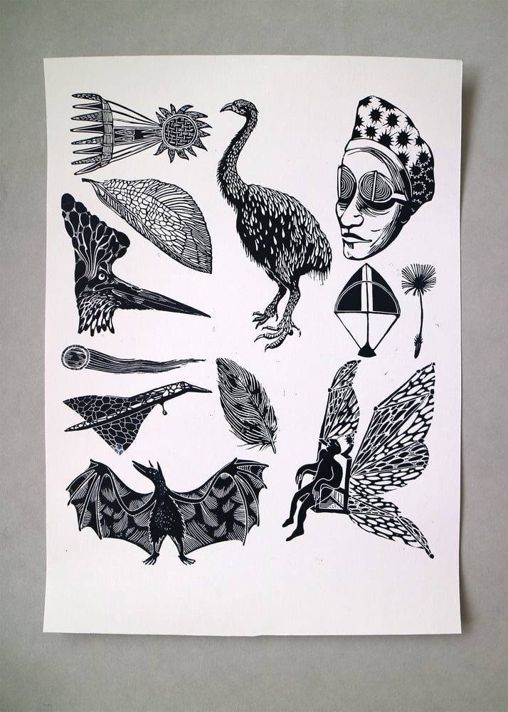 Image of Flying with an Unflying Bird - Lino cut print