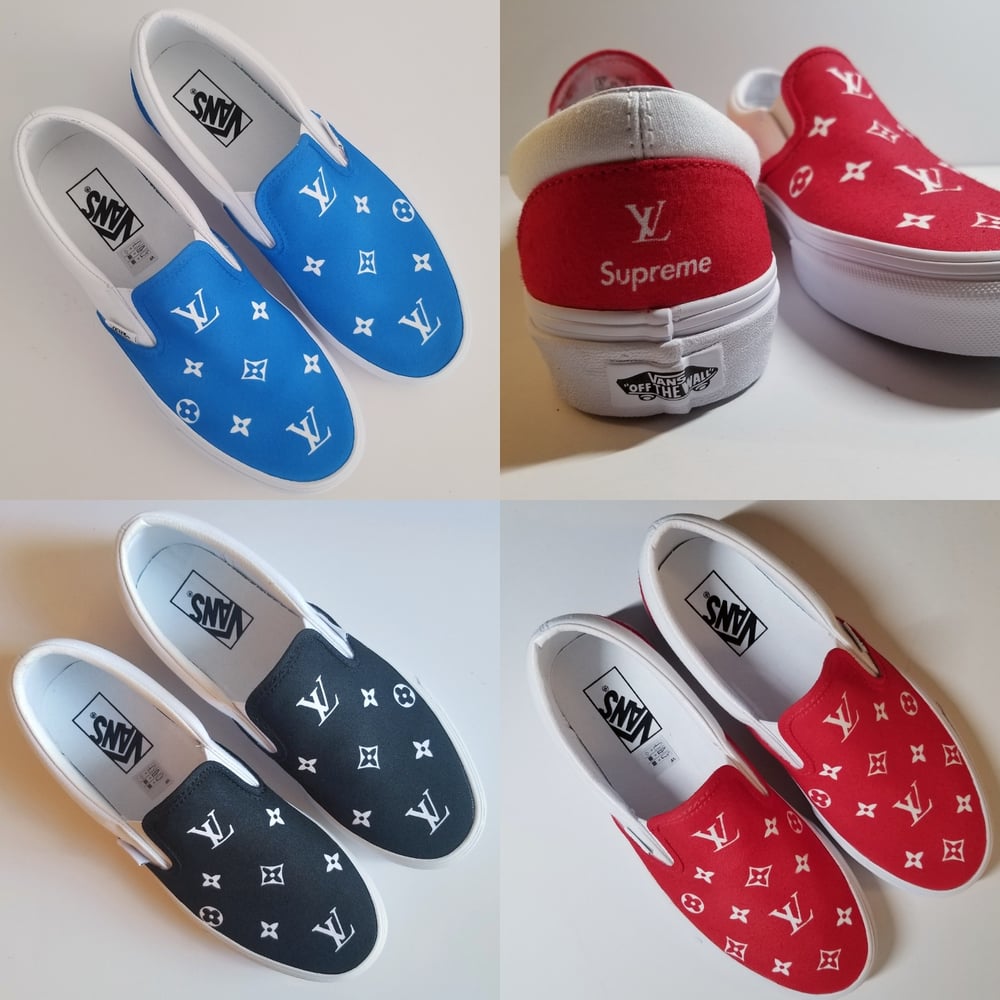 Image of LV x Supreme Vans Slip On Custom Sneakers RED BLUE BLACK