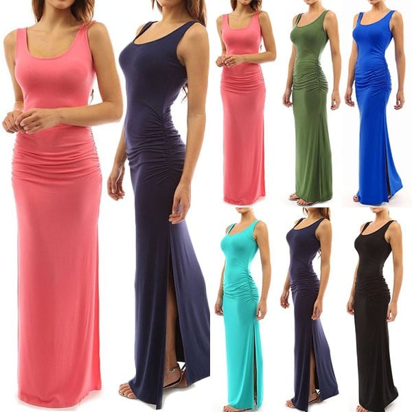 Image of Fashion Solid Color Sleeveless Round Neck Slit Hem Maxi Dress