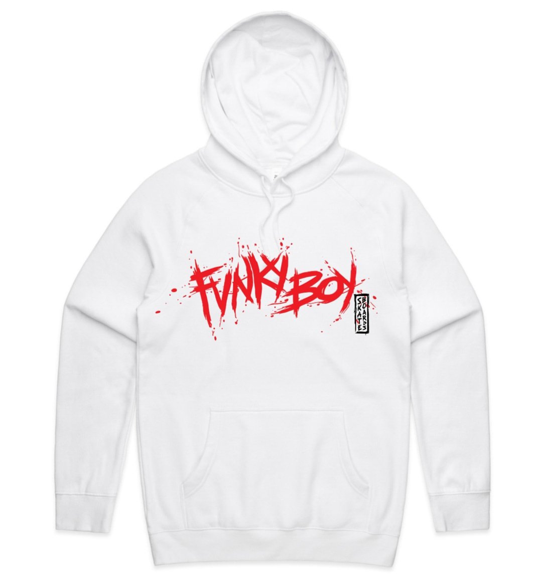 Image of Funky Boy Skateboards logo hood white