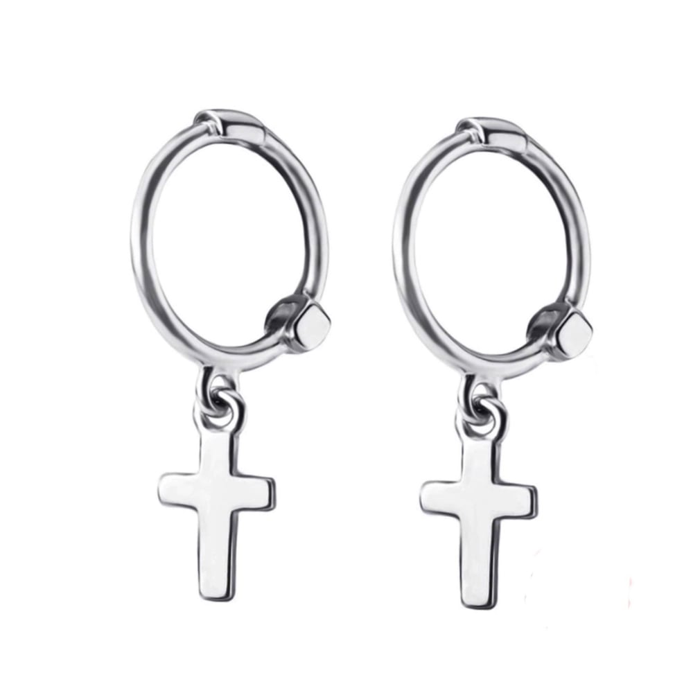 Image of Cross sleeper hoop earrings (sterling silver)