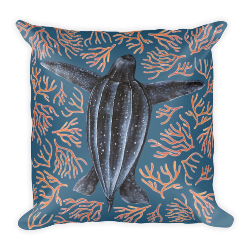 Image of Leatherback Sea Turtle and Corals Pillow Light Blue Background