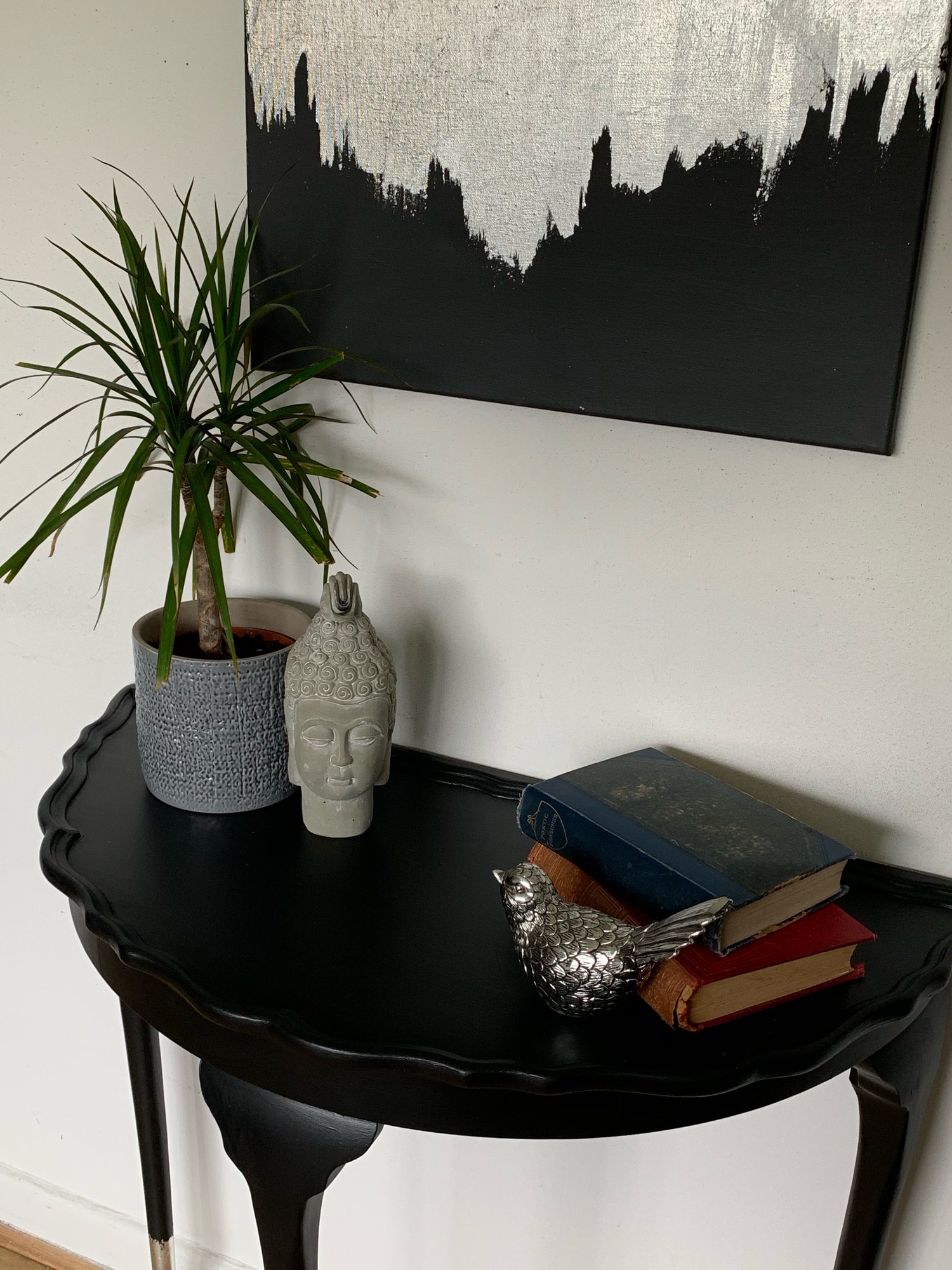 Image of Stunning black & silver leaf half moon table