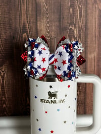 Image 2 of 4th of July Memorial Day Patrotic Red, White and Blue Tumbler Straw Topper Bow