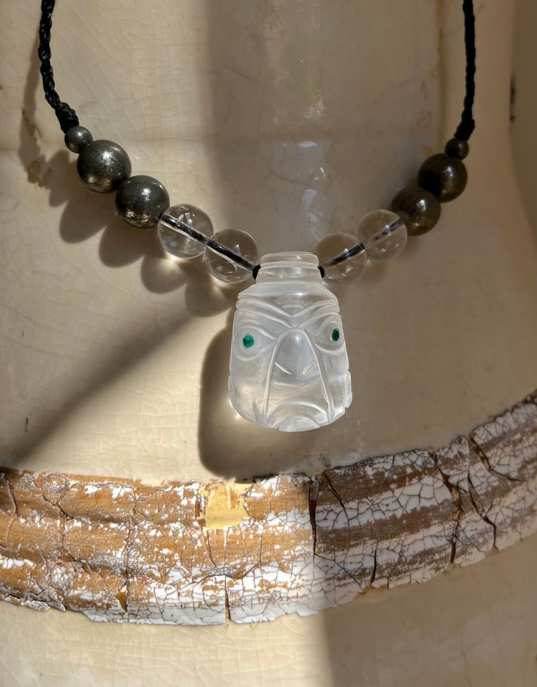 Image of Macrame necklace with clear quartz carved 