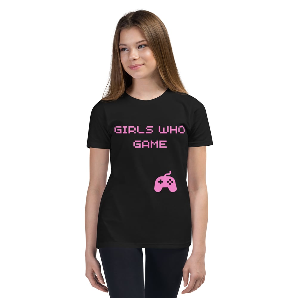 Image of Youth Girls Who Game T-Shirt (pink letters)