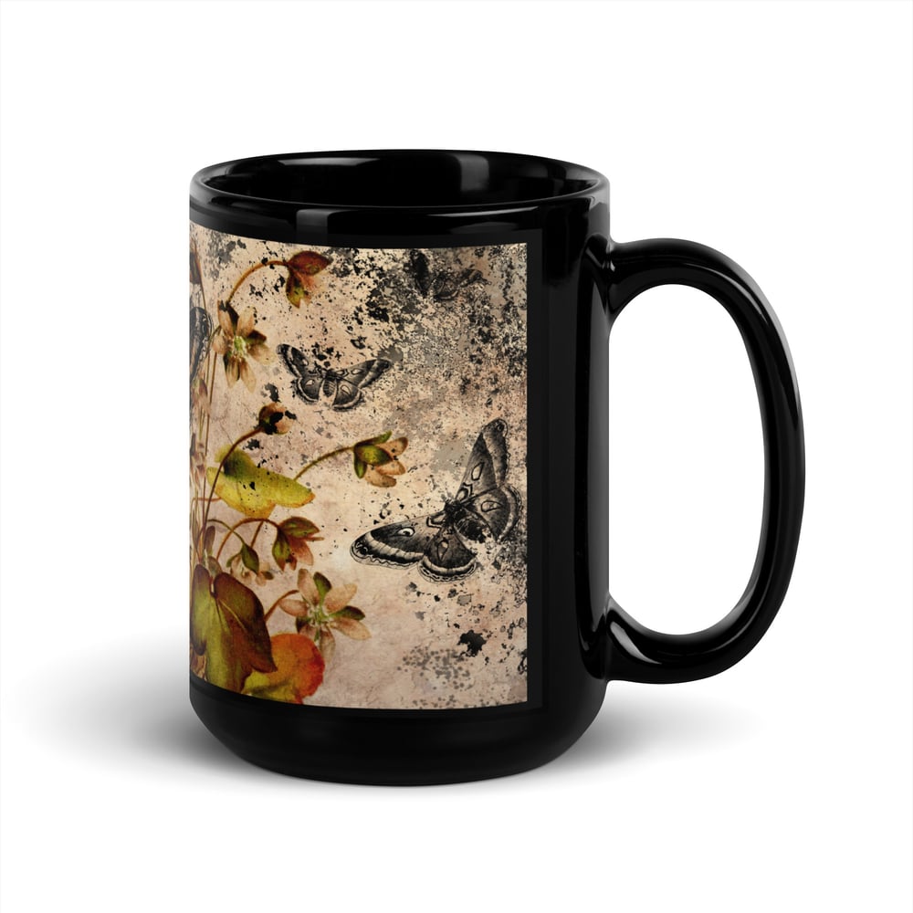 Image of Vintage Distressed Look | Neutral Aesthetic | Floral Butterfly | Black Glossy Coffee Mug | Tea Cup