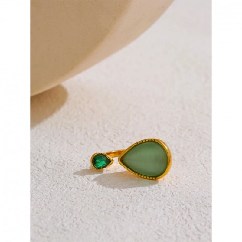 Image of LEYA Natural Green Stone and Cubic Zirconia 18ct Gold Statement Ring 