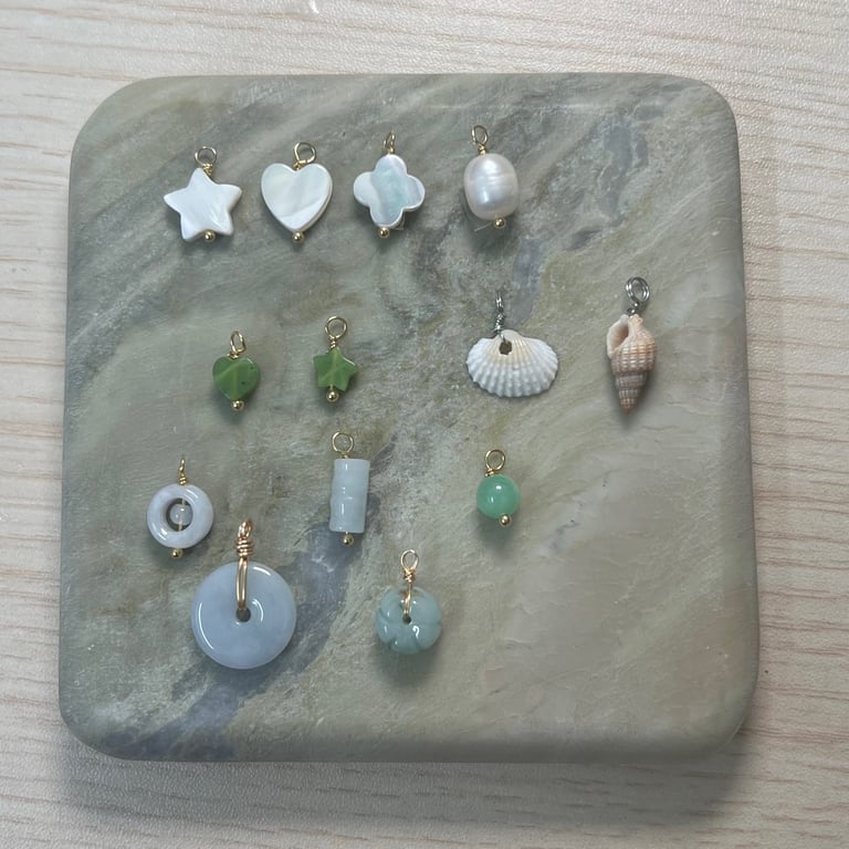 jade, pearl, seashell charms
