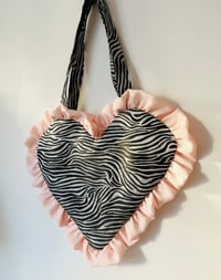 Image 1 of Zebra Print Heart Bag – Blush Pink Ruffle Tote 