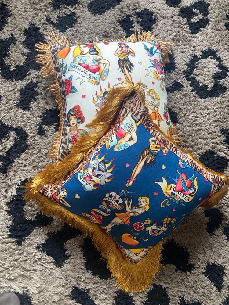 blue Pinup Girl with tiger print Cushion cover Image 11