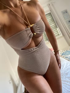 Image of Cut Out Gold Buckle Halter Onepiece In Nude Crinkle